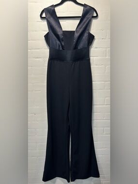 Gabrielle Union Black Wide Leg Jumpsuit Satin Strap V Neck Formal Evening S